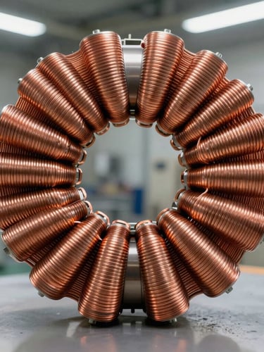 Macro close-up of high-purity copper transformer windings, clean industrial factory floor background, cool overhead LED lighting, sharp focus on wire layers