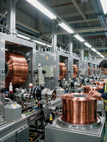 Wide-angle industrial shot of a clean high-voltage equipment assembly line, steel enclosures, overhead factory lighting, professional engineers in safety gear inspecting copper coils.