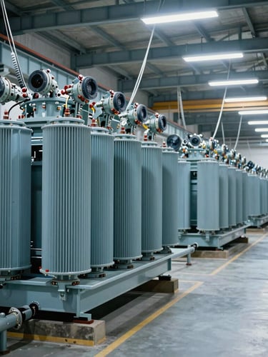 Wide-angle panoramic shot of a clean, modern high-voltage transformer assembly line, steel blue metal casings, overhead industrial factory lighting, negative space on the right side.