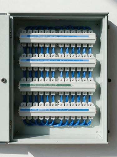 Crisp architectural photography of a perfectly organized modern electrical panel with neat blue wiring, sharp natural daylight, high-contrast composition, 35mm lens.