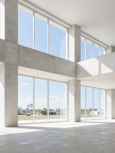 Bright architectural interior under construction, clean concrete pillars, straight-on medium shot, high-key Florida sunlight streaming through large window frames