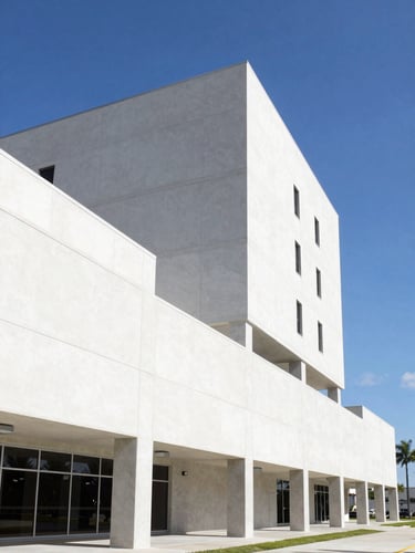 Bright architectural photography of a modern commercial concrete building under clear Florida sunlight, sharp geometric lines, sky background.