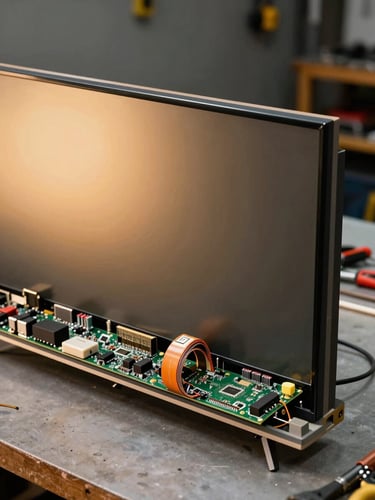 Extreme close-up from the right edge, a disassembled flat-panel television lying open on a workshop bench, ribbon cables and circuit board components clearly visible, tungsten workshop light raking across the PCB surface from the left, warm amber glow, organized tools at the far right edge of frame, wide landscape framing with the open TV filling the right two-thirds and a dark workshop wall behind