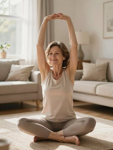 A healthy, active 50-year-old woman smiling during a morning stretch in a sunlit living room, soft natural daylight, warm sand tones, 35mm photography