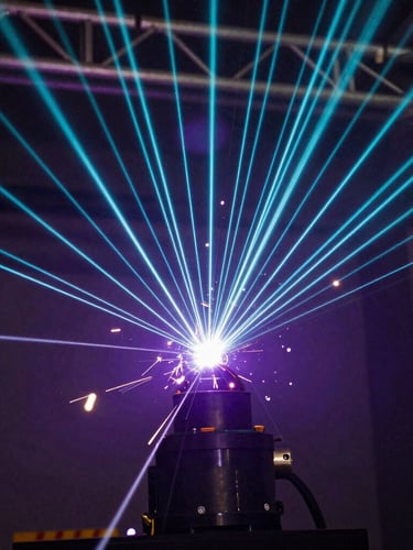 Macro close-up of a high-intensity laser array cutting through deep violet haze, sharp cyan light beams, industrial truss structure visible in background, dark atmospheric lighting.
