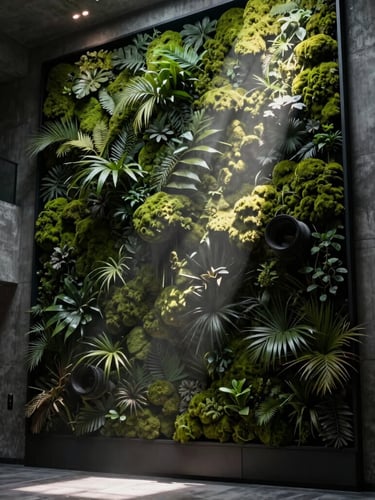 Cinematic architectural photography of a monumental living wall integrated into a dark concrete hotel lobby, dramatic directional light beam cutting through soft mist, deep moss greens and dark charcoal tones, 35mm anamorphic lens.