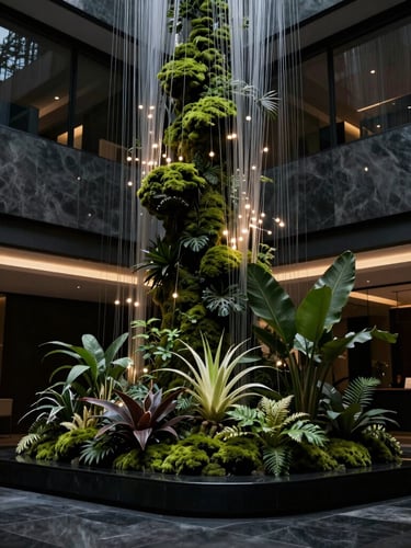 Low-key dramatic photo of a luxury building lobby in Bogotá, showcasing a permanent botanical installation with glowing fiber optics integrated into the architecture, dark charcoal tones, cinematic lighting, 35mm lens.
