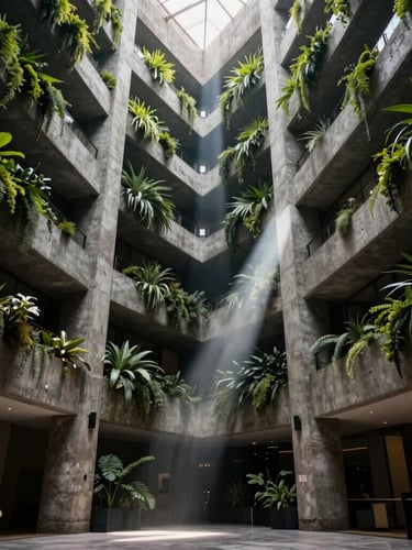 Dramatic environmental wide shot of a multi-story hotel atrium in Santiago, featuring massive concrete pillars integrated with lush vertical biophilic installations and sharp white directional light beams cutting through soft mist, cinematic architectural photography, 35mm anamorphic lens.