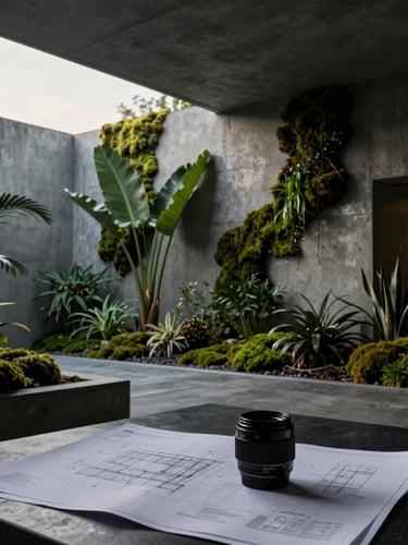 Cinematic architectural photography, dramatic low-key lighting, a minimalist concrete design studio with botanical specimens and architectural blueprints on a dark table, soft natural twilight, 35mm anamorphic lens.