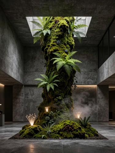 Dramatic low-key architectural photography of a minimalist concrete lobby with a massive integrated moss and fern installation, soft glowing fiber optic lights cutting through gentle mist, 35mm anamorphic lens, deep charcoal and rich moss green tones.