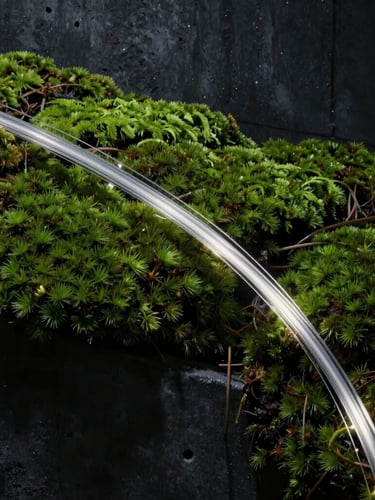 Macro cinematic shot of deep green Chilean native mosses intertwined with thin, glowing white fiber optic cables, dark charcoal concrete background, low-key dramatic lighting.
