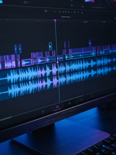 Close-up of a modern video editing interface on a dark monitor, showing audio waveforms and timeline, with electric blue and neon purple rim lighting, high contrast, macro lens, 35mm, cinematic.