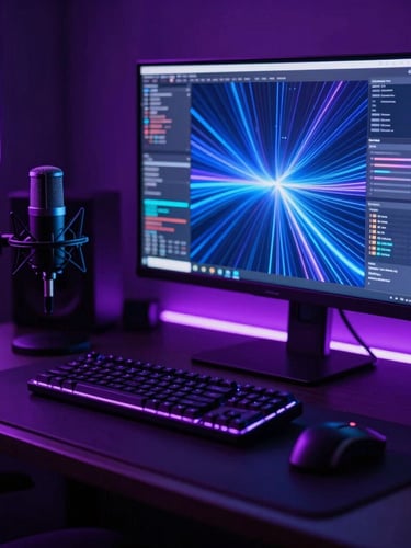A sleek, dark studio desk with a high-end microphone and glowing monitor displaying abstract data flows, dramatic purple and blue neon rim lights, low-key, high-contrast, 35mm.