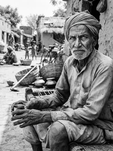 High-contrast black and white documentary photojournalism portrait of an elderly farmer in a rural Uttar Pradesh village, natural harsh midday sun, 35mm