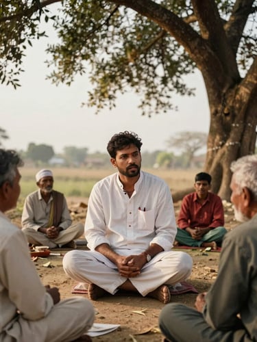 Candid documentary photo of a local Indian journalist talking with villagers under a banyan tree, warm dusty golden hour light, Uttar Pradesh, 35mm