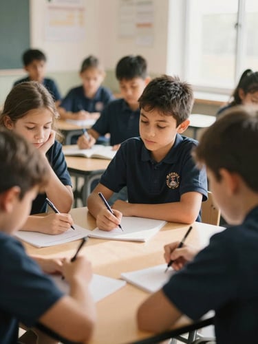 Focused classroom environment with a diverse group of young students collaborating around a table, soft natural morning daylight, warm tones