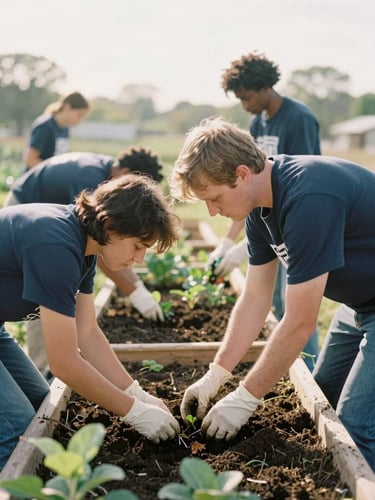 Hands-on community project, diverse volunteers working together to plant a community garden, soft morning light, 35mm film