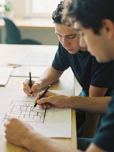 Candid close-up of a mentor and a young adult reviewing architectural plans at a community workspace, warm morning light, 35mm film style.