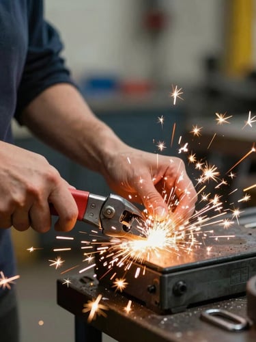 Primer plano de manos de una mujer soldadora trabajando con chispas brillantes, luz natural de taller, enfoque en la acción y las herramientas de trabajo