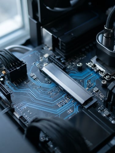 Macro close-up of clean computer internals with blue motherboard traces, crisp daylight, shallow depth of field, metallic slate tones.