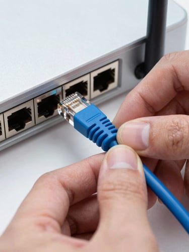 Close-up of hands carefully plugging a blue ethernet cable into a metallic router port, cool daylight, sharp focus.
