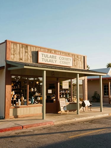 A wide environmental shot of a vibrant local family-owned storefront in Tulare County, warm afternoon sunlight casting long shadows, 35mm