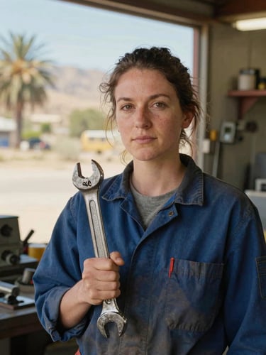 A medium portrait of a local mechanic in her Visalia workshop, looking directly at the camera, holding a wrench, bright natural California valley sunlight, warm tones, sharp focus, 35mm