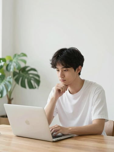 Bright minimalist portrait of a young adult sitting at a wooden table, looking thoughtfully at a laptop screen, clean composition with soft green plants in the background, natural daylight, 35mm lens