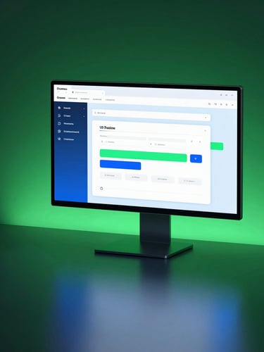 Sleek 3D render of a minimalist digital workspace, neon green and electric blue ambient lighting, clean screen mockup showing workflow diagrams, octane render, sharp focus
