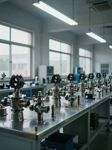 Wide shot of an industrial factory QA station, overhead fluorescent lighting, precision valve assemblies and fittings arranged in rows on a steel inspection table, cool north-facing daylight through high windows, no people visible
