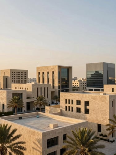 Wide-angle architectural shot of a modern Saudi urban development during golden hour, sand-colored concrete structures with clean lines, minimalist palm tree landscaping, soft warm sunlight, high-end editorial travel photography style.