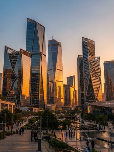 Wide-angle portrait of King Abdullah Financial District in Riyadh during golden hour, towering modern glass skyscrapers reflecting warm orange sunlight, clean architectural lines, premium editorial style.