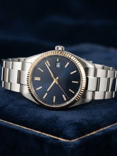Clean commercial photography, bright high-key studio lighting, a high-value physical prize like a sleek metallic watch resting on a dark navy surface with gold accents, sharp focus, 35mm