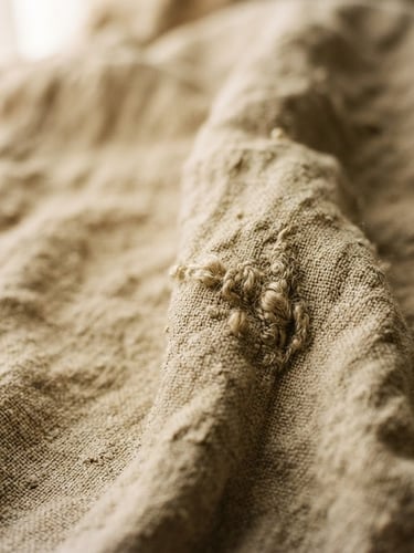 Tight macro shot of heavy-weight rumpled Belgian flax linen fabric, natural slubs, warm afternoon window light, earthy textured tones, shallow depth of field, 35mm film