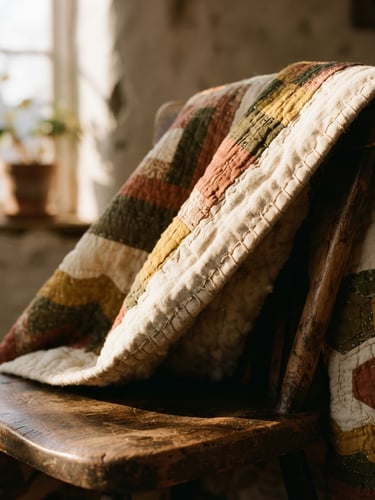 Close-up of a heavy organic cotton quilt draped over a worn wooden chair, warm afternoon window light casting soft shadows on the thick hand-stitched binding