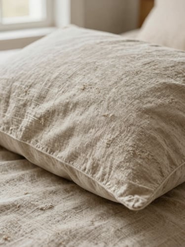 Tight macro shot of rumpled Belgian flax linen pillow cover showing natural slubs and heavy-weight weave texture, soft afternoon window light, earthy tones