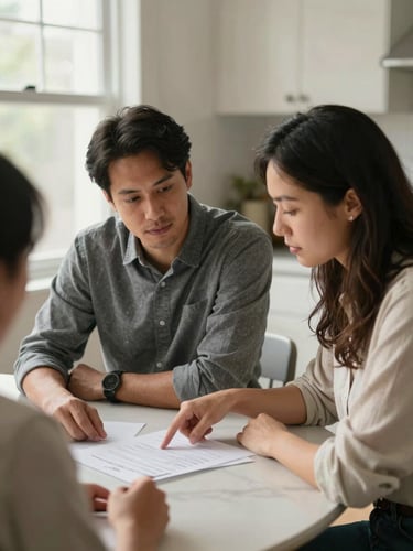 Medium shot of a housing counselor and a homeowner seated across a kitchen table, both leaning slightly forward over mortgage paperwork, counselor pointing to a document detail, soft natural light from a window to the left, genuine focused expressions, warm afternoon tones, no studio lighting