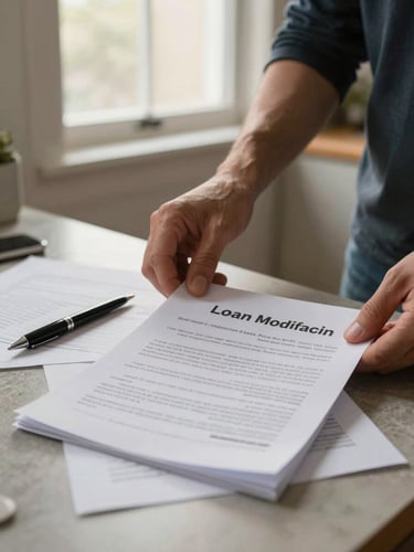Medium shot of a homeowner's hands turning pages of a loan modification packet on a kitchen table under warm morning window light, a pen resting alongside the document, papers spread naturally, documentary close framing