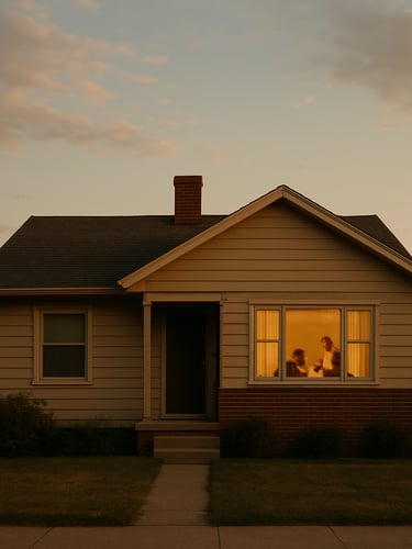 Wide environmental shot of the exterior of a modest family home at golden hour, warm side-light on the facade, a family visible through a lit window inside, framed from the front yard with a low horizon and generous sky, documentary and unhurried
