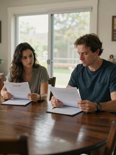 Medium environmental shot of a couple seated apart at a dining room table, both reviewing separate document folders, natural afternoon light through sliding glass doors behind them, expressions serious but composed, a foreclosure notice visible at the edge of the frame, documentary framing with space in the foreground