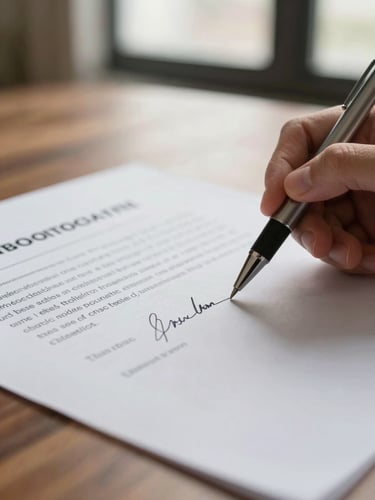 Close-up detail of a pen held above a mortgage modification document on a wooden table, homeowner's hand visible, soft diffused daylight from a nearby window, warm paper tones, shallow focus on the pen tip and signature line