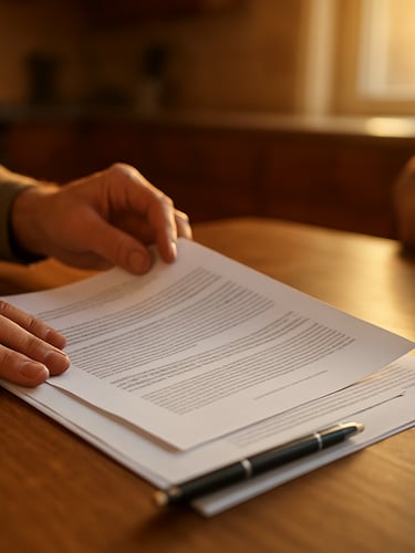 Close-medium shot of a homeowner's hands turning through mortgage paperwork on a kitchen table, pen resting on a document, soft golden hour light through a window to the right, warm shallow depth of field, counselor's forearm visible at the edge of the frame indicating presence