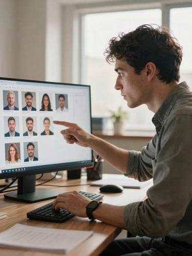 Warm natural light in a modern workspace, a founder and a headhunter reviewing candidate profiles on a screen, collaborative and highly focused atmosphere, environmental medium shot.