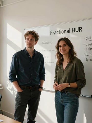 A warm, natural light environmental portrait of a startup founder and a fractional HR lead collaborating at a clean white board in a sunlit Scandinavian office space, medium shot.