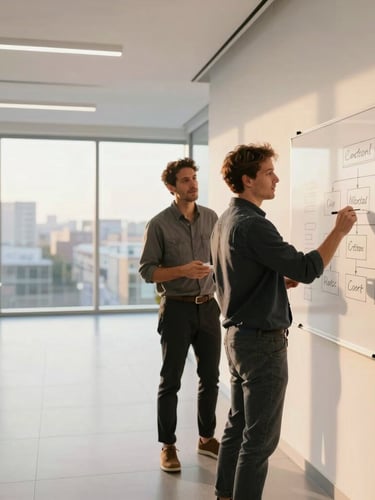 Wide panoramic bright modern office at golden hour, a founder and a fractional HR lead whiteboarding an org chart to the right third, expansive white space on the left, warm natural diffused daylight, candid high-focus moment.