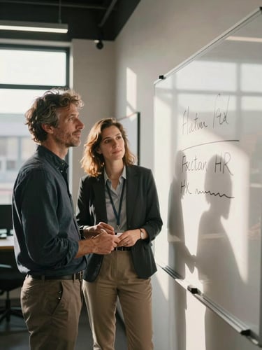 Environmental portrait of a founder and a fractional HR lead collaborating at a whiteboard in a sunlit, modern workspace, natural daylight, soft shadows, warm color temperature.