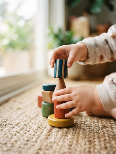 Close-up of a toddler's hands stacking smooth, warm-toned Channapatna wooden blocks on a woven jute rug, natural window light, soft focus.