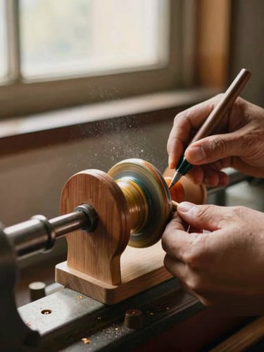 Close-up of an artisan's hands applying colored lacquer to a spinning wooden toy on a lathe, warm window light, fine wood dust in the air.