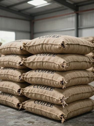 Stacked stenciled burlap coffee export sacks in a clean, modern, moisture-controlled warehouse in Indonesia, natural side lighting.