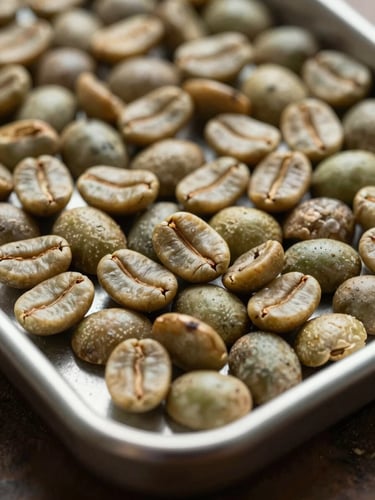 Macro close-up of unroasted green coffee beans on a metal grading tray under high-contrast natural daylight, showing uniform screen size and zero physical defects.